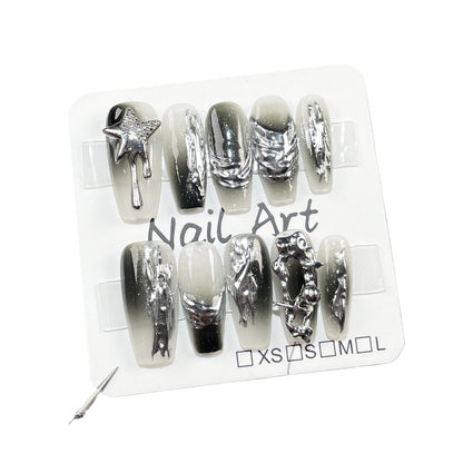 Hand-Worn Nail Spray Gun Irregular Gradient Metal Contrast Color Mid-Length Nail Stickers Wearable Nail Sticker