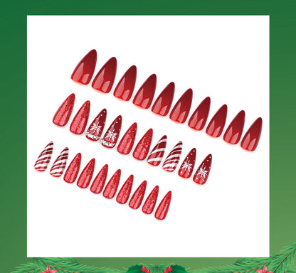 Christmas Candy Stripe Wear Nail Snowflake Manicure Fake Nails Rhinestone Sequins Can Be Repeated Nail Tip Finished Product Wholesale