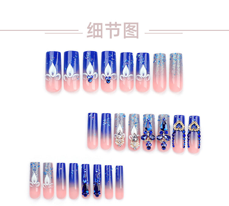 French Wear Nail Wholesale Cross-Border Hot Rhinestone Flash Nail Tips Finished Water Pipe Type Rectangular Nail Fake Nails