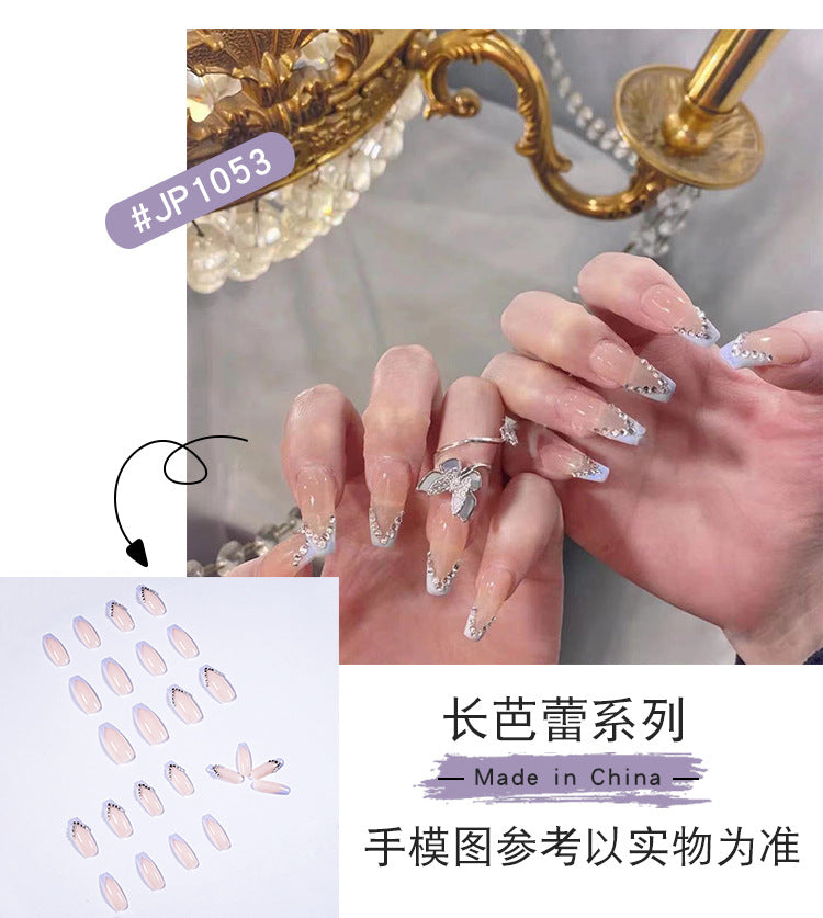 Light Purple French Full Diamond Long Ballet Nail Stickers Nail Patch Wear Finished Nail Beauty Fake Nails Detachable Nail