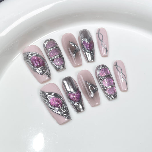 Sweet Cool Hot Girl Metal Hand-Worn Nail Spray Gun Blush Cat Eye Manicure Mid-Length Wearable Nail Sticker