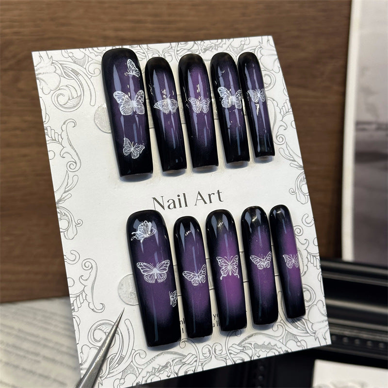 Cross-Border New European and American Halloween Purple Butterfly Long Water Pipe Handmade Wear Nail Fake Nails Nail Sticker Nail Tip