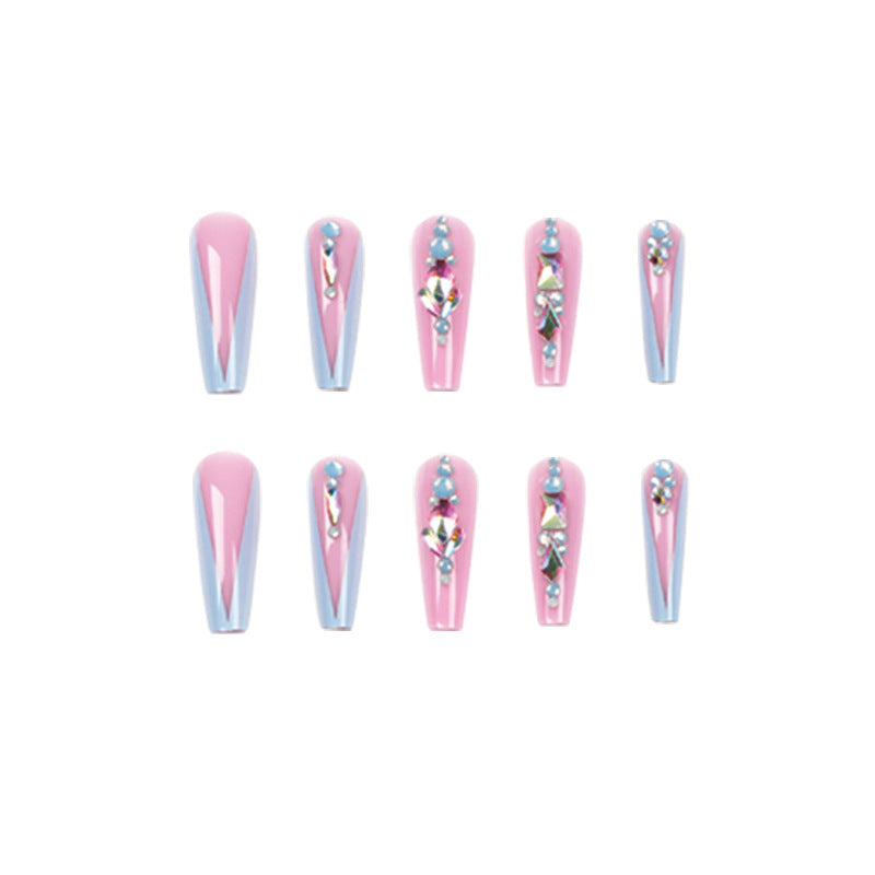 Hot Girl Wear Nail Nude Pink Long Ballet Blue Rhinestone Wear Nail Piece Nail Tips Wholesale false nail