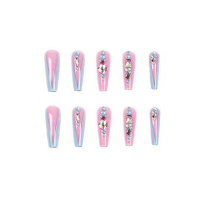 Hot Girl Wear Nail Nude Pink Long Ballet Blue Rhinestone Wear Nail Piece Nail Tips Wholesale false nail