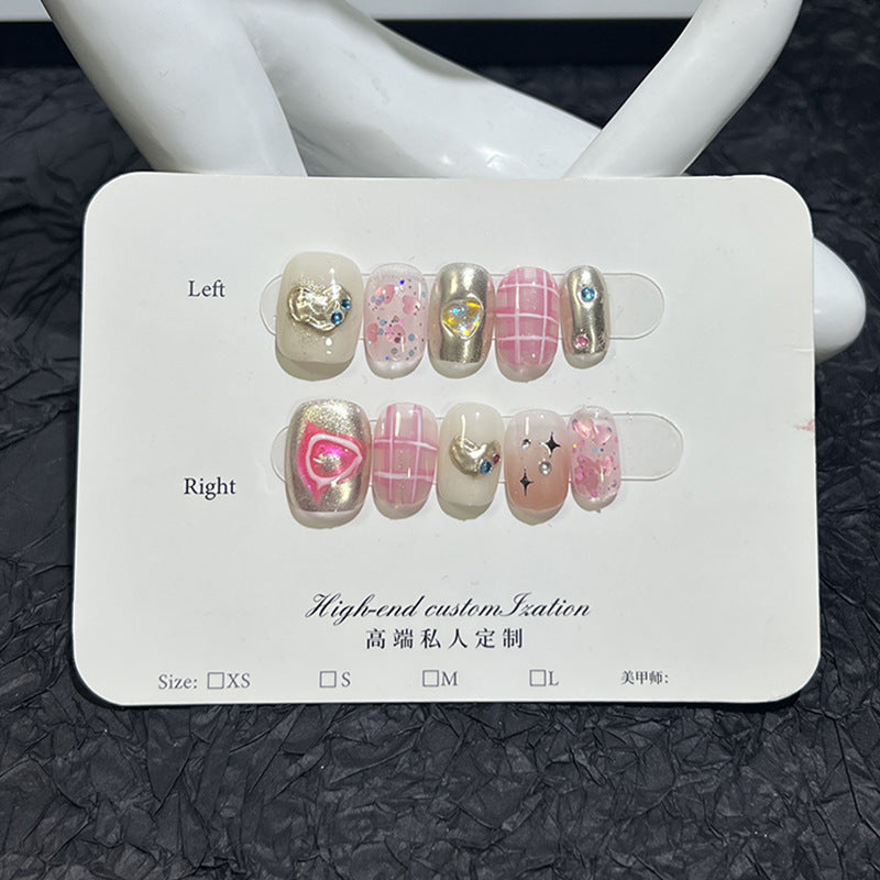 Handmade Wear Hot Girl Sweet y2k Plaid Magic Mirror Effect Powder Short Nail Stickers Reusable Fake Nails