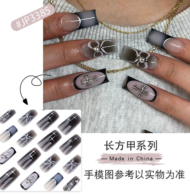 Best Seller in Europe and America Square Wear Nail French Black Blooming Nail Cross Nail Tip Asterism Bow Fake Nails