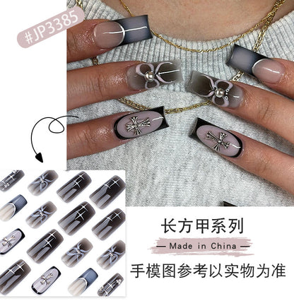 Best Seller in Europe and America Square Wear Nail French Black Blooming Nail Cross Nail Tip Asterism Bow Fake Nails