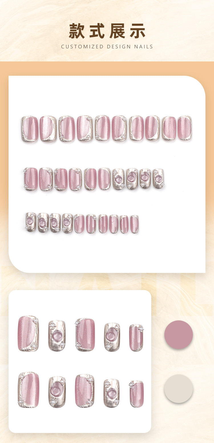 30Nail Sticker Pieces of Finished Cat Eye Student Fake Nails Internet Celebrity Bubble Beads Wear Nail Beauty Nail Polish Wholesale