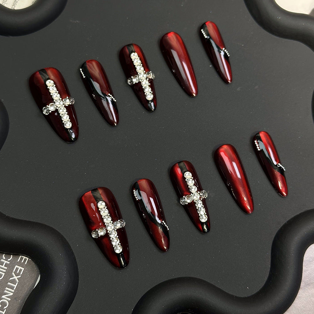 European and American Hot Long Almond Cross Nail Tip Hand-Worn Nail Internet Celebrity Nail Sticker Removable Fake Nails Nail Art