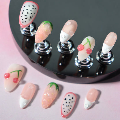 New Nail Beauty Wear Nail Colorful Fruit Cartoon Three-Dimensional Summer Fresh Almond Style White Hand Painted Nail Stickers