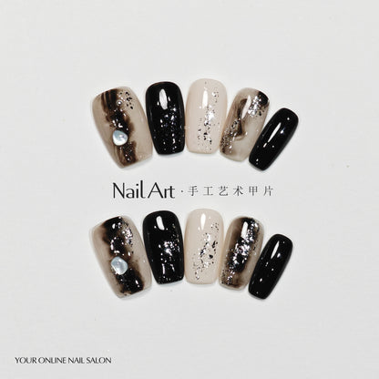 Handmade Wear Nail Hand Painted Black Blooming Watercolor Advanced Texture Short Nail Stickers Fake Nail Tip Wholesale