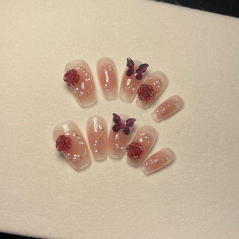 Handmade Wear Jia Wu Lekvar Spicy Girl Wine Red Camellia Butterfly Fake Nails Handmade Wear Nail Patch