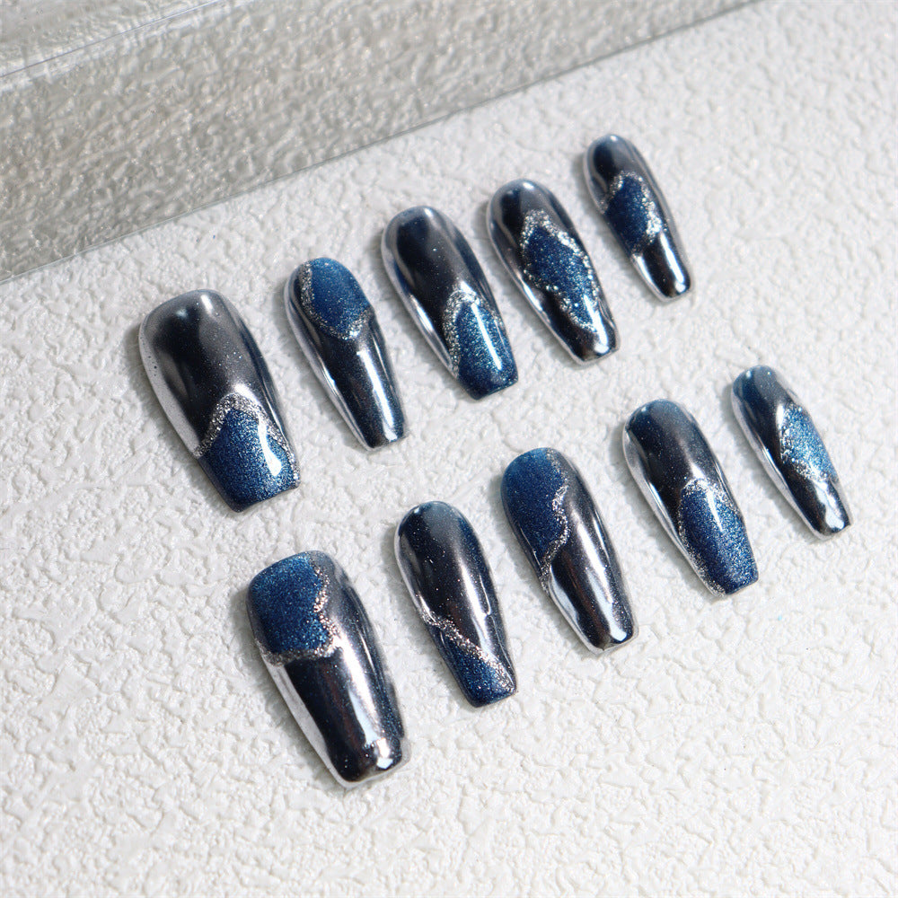 Xinghe Cat Eye Light Luxury Metal Hand-Worn Armor European and American-Style Mid-Length Nail Stickers Wearable Fake Nails Fashion