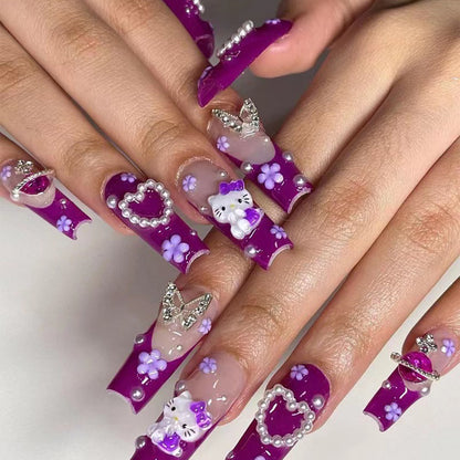 Love Pearl French Wear Armor Purple Hello Kitty Cat Manicure Silver Butterfly Flower Long Nail Tip