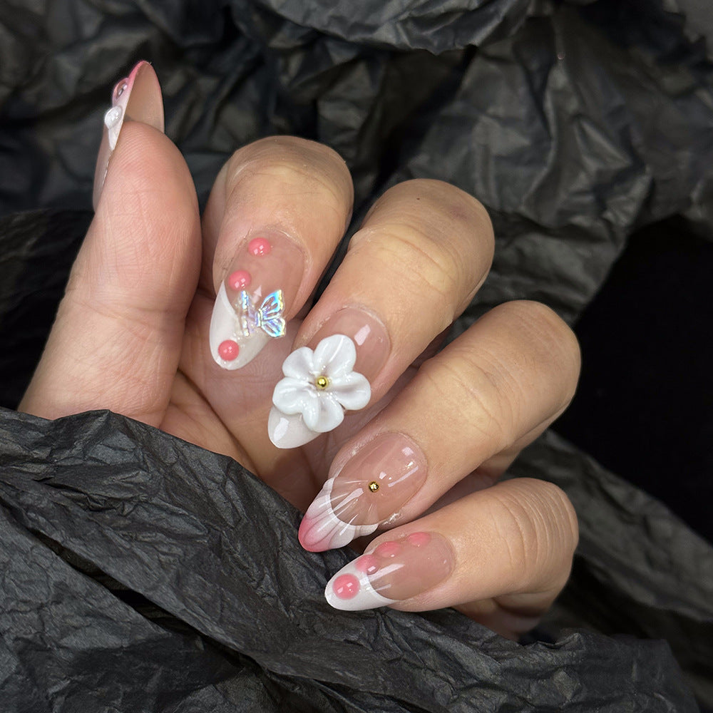 Original ins European and American Almond Hand-Worn Nail Pink French Carved Three-Dimensional Hand-Painted Detachable Nail Sticker