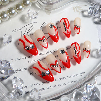 Korean Style Y2K Hot Girl Hand-Painted Hand-Worn Nail Love Red Two-Dimensional French Finished Manicure Fake Nail Tip