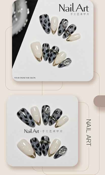 Handmade Wear Nail Autumn and Winter High-Grade Leopard Almond Nail French Nail Stickers Boutique Fake Nail Tip Wholesale