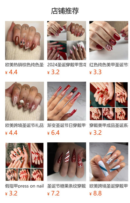 Super Long Water Pipe Nail Fake Nails Pink Sweet Tridimensional Bow Christmas Wear Nail French Snowflake Nail Tip