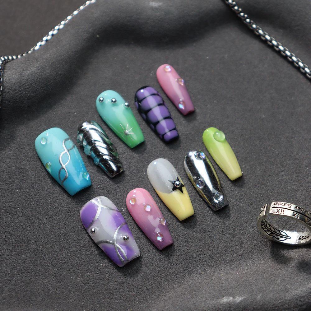 New Nail Beauty Patch Wear Armor Handmade Advanced Blooming Color Macaron Dopamine Metallic Bubble Beads