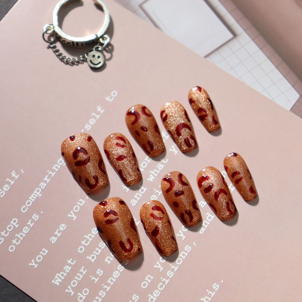 European and American Retro Style Leopard Print Wear Nail Hand-Painted Irregular Leopard Print Nail Stickers Solid Color Cat Eye Manicure