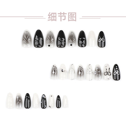 Hot Girl Black Smudges3D Wear Nail Three-Dimensional Bow Manicure Fake Nails Silver Asterism Nail Tip Finished Product Wholesale