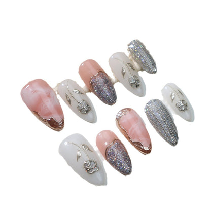 Hot Sale Wear Nail Tip Handmade Bride Nail Blooming Magic Mirror Effect Powder Flowers Nail Beauty UV Finished Product Nail Stickers