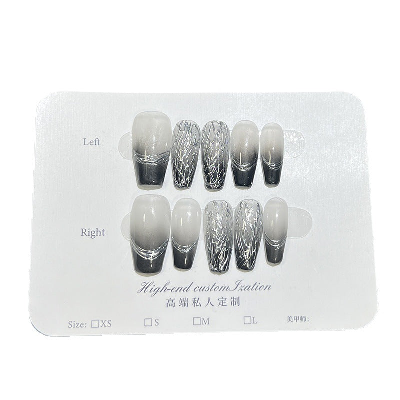 Handmade Wear Nail Sweet Cool Black Gradient Magic Mirror Effect Powder High Cold Light Luxury Nail Stickers European and American Style Fake Nails Wholesale