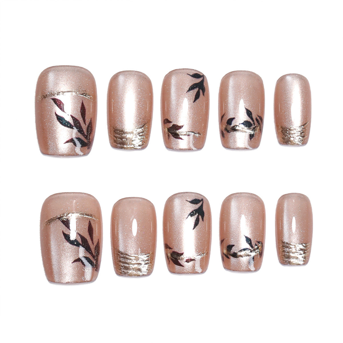 Nude Pink Cat Eye Wear Nail French Bronzing Nail Polish Cross-Border Hot Selling Leaves Nail Tip press on nails