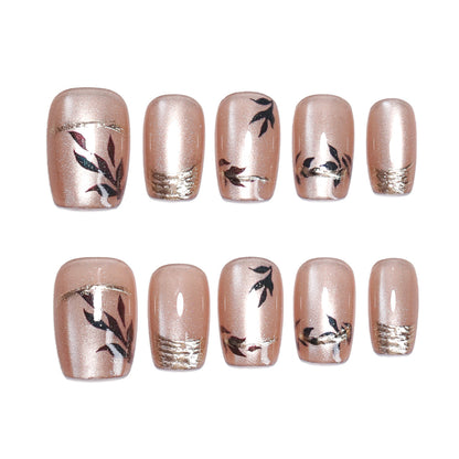 Nude Pink Cat Eye Wear Nail French Bronzing Nail Polish Cross-Border Hot Selling Leaves Nail Tip press on nails