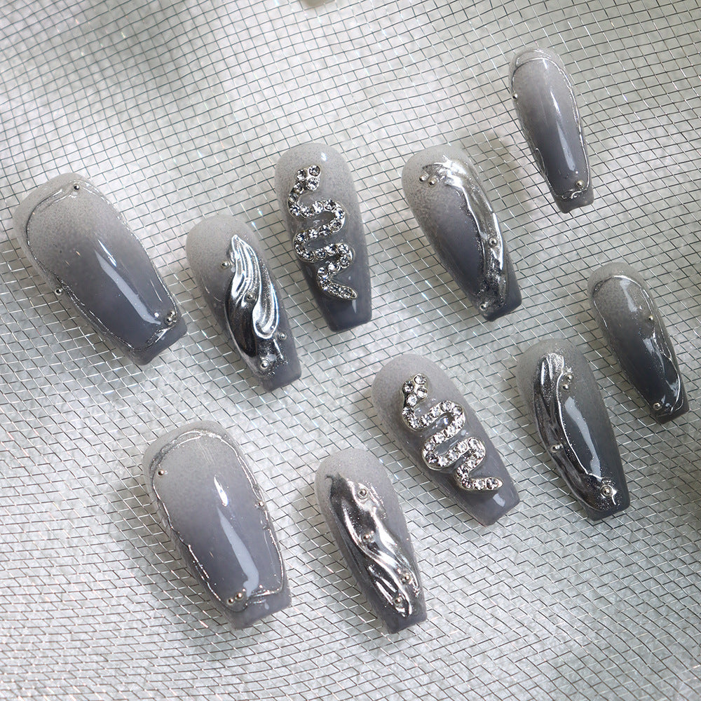 Textured Gray Gradient Wear Nail European and American Ice Snake Advanced Metal Hand Painted Sweet Affordable Luxury Style Handmade Manicure