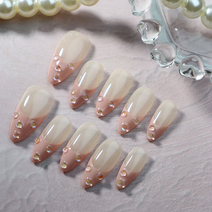 New Sweet Style Bubble French Hand-Wear Nail Almond-Shaped Leather Pink Hand-Wear Nail Natural Style