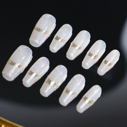 Textured White Simple Golden Trim French Entry Lux Wear Nail Nail Patch Handmade Manicure Factory Direct Sales