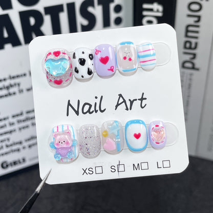 Handmade Wear Nail Cartoon Three-Dimensional Love Bear Nail Stickers Cute Sweet Hand-Painted Short Wear Fake Nails