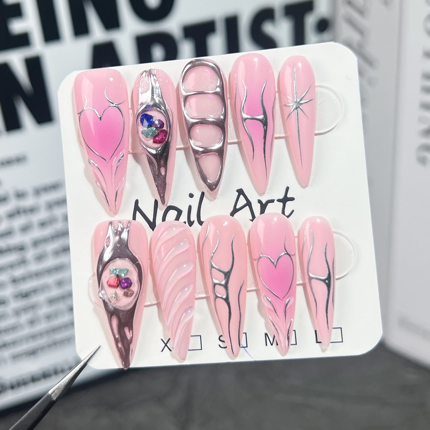 【Dyed Nail】Handmade Wear Nail Ornamental Stone Baroque Metallic Blush Nail Creative Hand-Painted Lines Sweet Cool Manicure