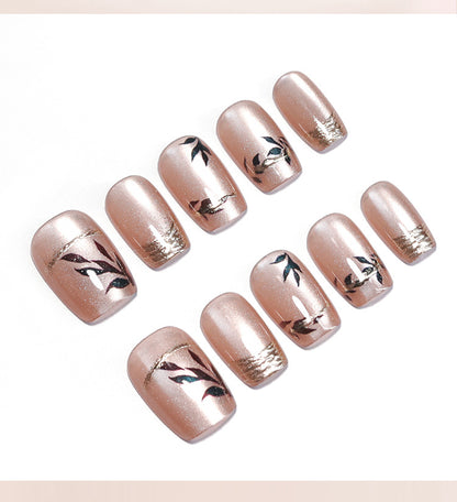 Nude Pink Cat Eye Wear Nail French Bronzing Nail Polish Cross-Border Hot Selling Leaves Nail Tip press on nails