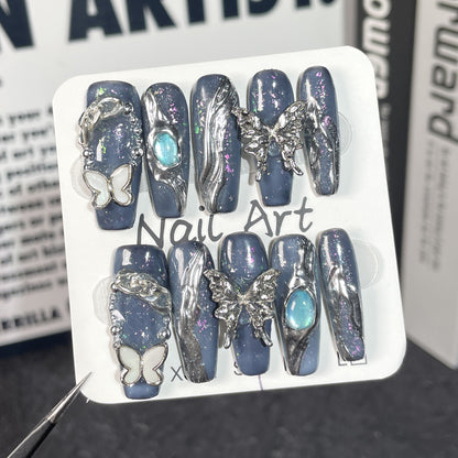 【Dyed Nail】Zhuang Zhou Mengdie Liquid Metallic Handmade Wear Jia Sweet Cool Hot Girl Long Nail Stickers Wholesale