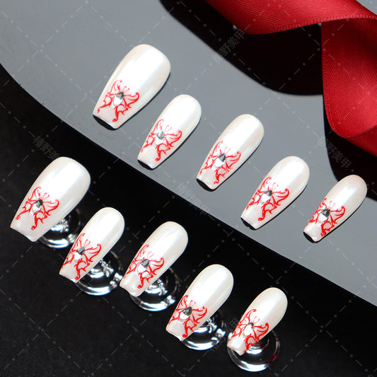 Hot Sale Nail Stickers European and American Autumn and Winter Simplicity White & Freehand Sketching Red Butterfly Temperament Entry Lux Wear Armor10Finished Piece