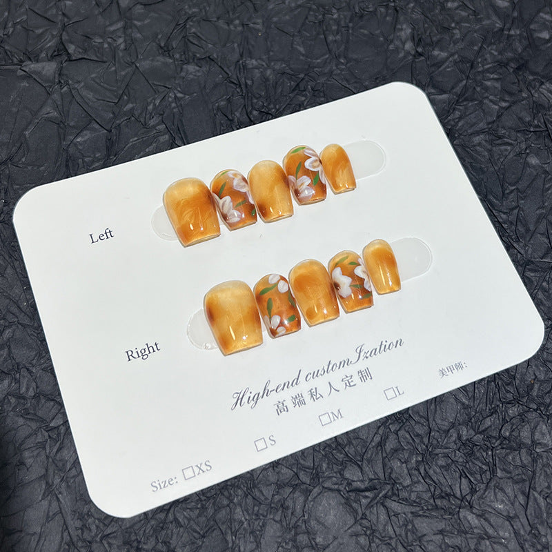 【Amber Flower Painting】Handmade Manicure Wearable Summer Simple Short Manicure Fake Nail Patch