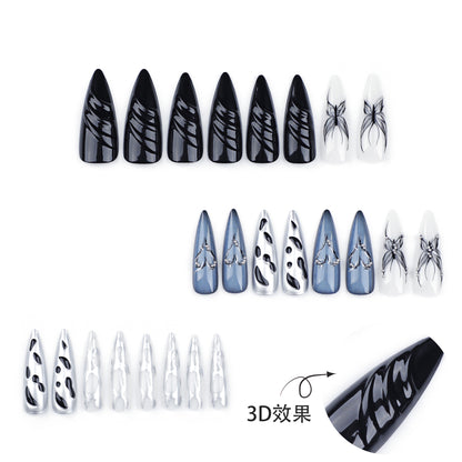 3D Three-Dimensional Water Ripple Wear Nail Cool Super Long Pointed Nail Piece Europe and America Cross Border Butterfly Hot Silver Fake Nails