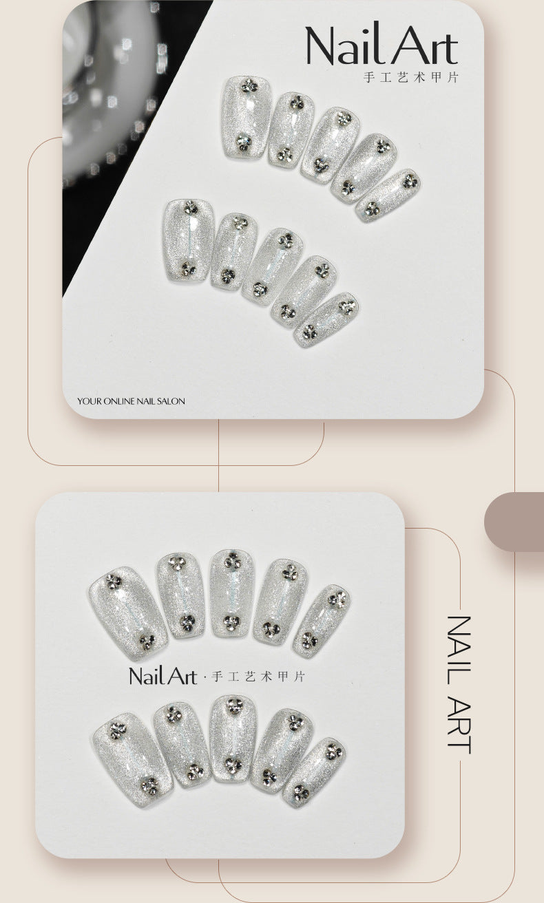 Autumn Art Handmade Wear Armor High Sense Autumn Cat Eye Silver Short White Nail Stickers Handmade Fake Nail Tip