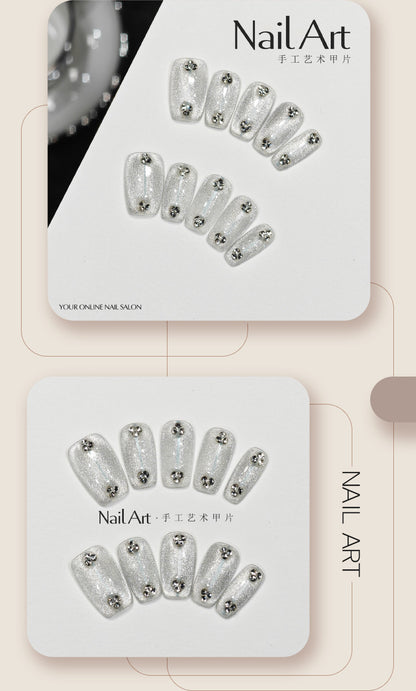 Autumn Art Handmade Wear Armor High Sense Autumn Cat Eye Silver Short White Nail Stickers Handmade Fake Nail Tip