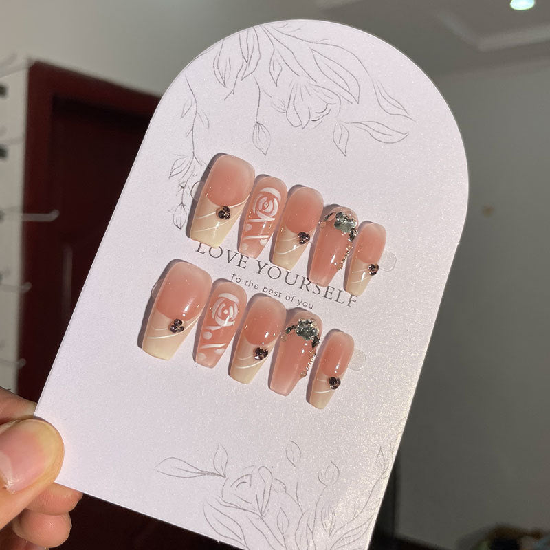 Rose Manor Hand-Worn Nail French Hand-Painted Rose Temperament Pure Desire Nail Stickers Affordable Luxury Style Wear Nail Middle Ladder