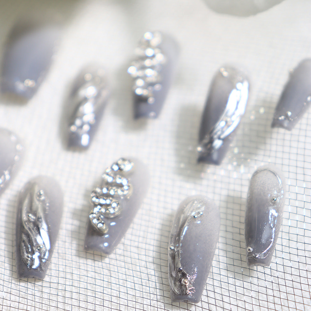 Textured Gray Gradient Wear Nail European and American Ice Snake Advanced Metal Hand Painted Sweet Affordable Luxury Style Handmade Manicure