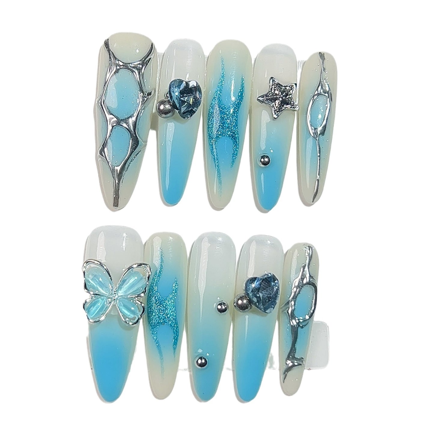 【Dyed Nail】Handmade Wear Nail Ice Transparent Blue Star Moon Butterfly Fairy Style Gentle Sweet Beautiful White Long Manicure