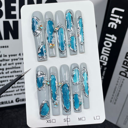 European and American Super Long Water Pipe Nail Art Irregular Shape Blue Cat Eye Handmade Wear Nail Advanced Light Luxury Nail Stickers