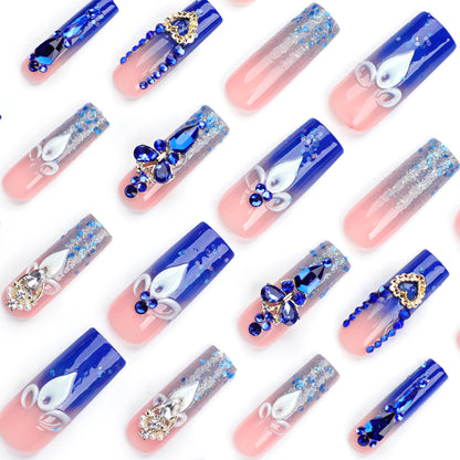 French Wear Nail Wholesale Cross-Border Hot Rhinestone Flash Nail Tips Finished Water Pipe Type Rectangular Nail Fake Nails