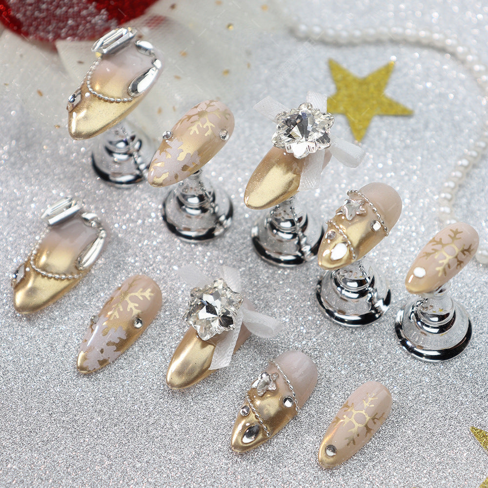 Christmas Blooming Gradient Wear Armor Champagne Gold Fashion Adult Lady like Woman Affordable Luxury Style Zircon Pile Beads Snowflake Almond Nail Stickers