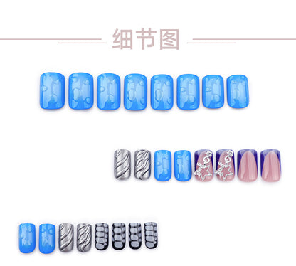 Ocean Blue Blooming Wear Armor Pearl Powder3D Water Ripple Nail Art Fake Nails Star Chain Design Wearable Nail Tip