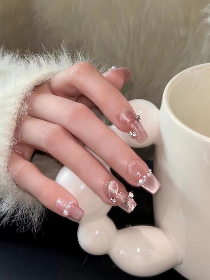 Xiaohongshu Same Style Ribbon Handmade Wear Nail Hand Painted Pearl Cat Eye Fall/Winter Hot-Selling White Finished Nail Beauty