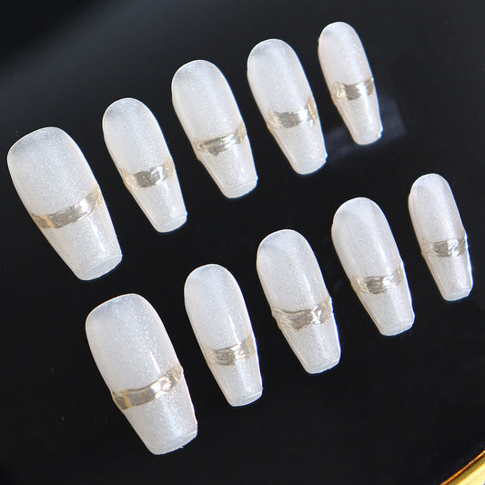 Textured White Simple Golden Trim French Entry Lux Wear Nail Nail Patch Handmade Manicure Factory Direct Sales